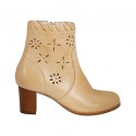 Woman's ankle boot with zipper in beige leather and pierced leather heel 6 - Available sizes:  43, 44