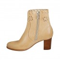 Woman's ankle boot with zipper in beige leather and pierced leather heel 6 - Available sizes:  43, 44