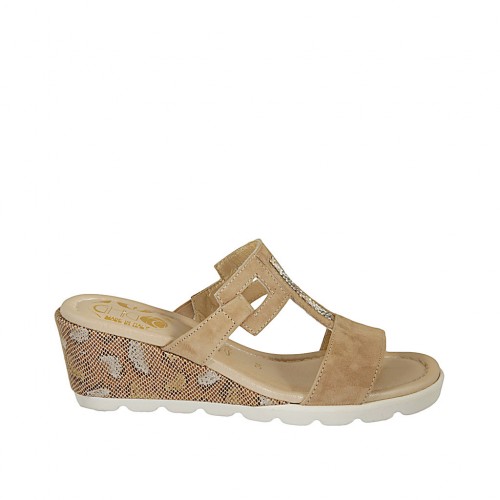 Woman's open mules with rhinestones in beige suede and printed leather wedge heel 5 - Available sizes:  43