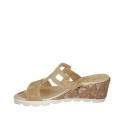 Woman's open mules with rhinestones in beige suede and printed leather wedge heel 5 - Available sizes:  43