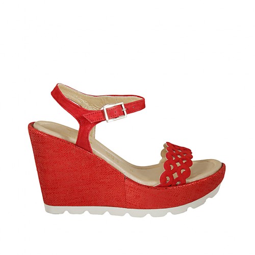 Sandalia para mujer con cinturon y plataforma en gamuza roja cuña 9 - Tallas disponibles:  42, 44