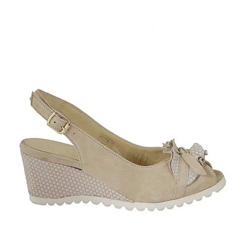 Woman's sandal with bow in beige and white printed suede wedge heel 6 - Available sizes:  42