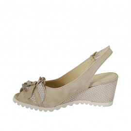Woman's sandal with bow in beige and white printed suede wedge heel 6 - Available sizes:  42 2