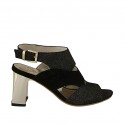 Woman's sandal in black suede and glittered printed suede heel 7 - Available sizes:  33, 34