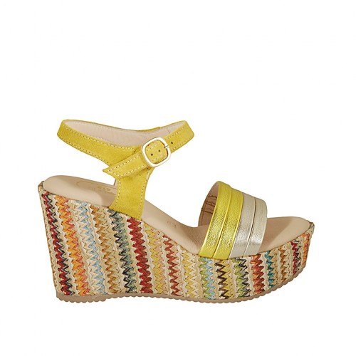 Woman's strap sandal with platform in yellow suede, yellow and platinum laminated leather and multicolored wedge heel 9 - Available sizes:  42, 43, 44