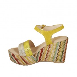 Woman's strap sandal with platform in yellow suede, yellow and platinum laminated leather and multicolored wedge heel 9 - Available sizes:  42, 43 2