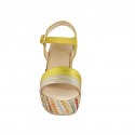 Woman's strap sandal with platform in yellow suede, yellow and platinum laminated leather and multicolored wedge heel 9 - Available sizes:  42, 43, 44