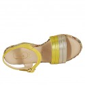 Woman's strap sandal with platform in yellow suede, yellow and platinum laminated leather and multicolored wedge heel 9 - Available sizes:  42, 43, 44