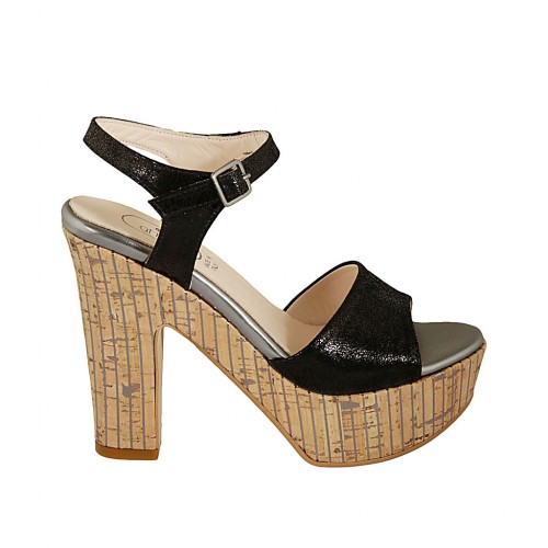 Woman's strap sandal with platform in black printed laminated suede heel 12 - Available sizes:  43