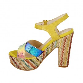 Woman's strap sandal with platform in yellow suede, multicolored holographic patent leather and multicolored fabric heel 12 - Available sizes:  42 2