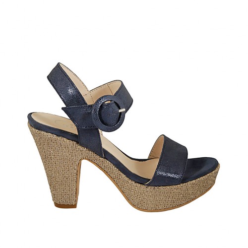 Woman's strap sandal in blue printed and laminated suede with platform and heel 10 - Available sizes:  43, 44