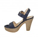 Woman's strap sandal in blue printed and laminated suede with platform and heel 10 - Available sizes:  43, 44