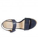 Woman's strap sandal in blue printed and laminated suede with platform and heel 10 - Available sizes:  43, 44