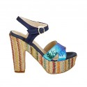 Woman's strap sandal with platform in blue suede, multicolored holographic patent leather and multicolored fabric heel 12 - Available sizes:  43
