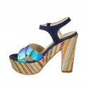 Woman's strap sandal with platform in blue suede, multicolored holographic patent leather and multicolored fabric heel 12 - Available sizes:  43