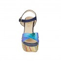 Woman's strap sandal with platform in blue suede, multicolored holographic patent leather and multicolored fabric heel 12 - Available sizes:  43