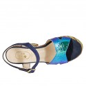 Woman's strap sandal with platform in blue suede, multicolored holographic patent leather and multicolored fabric heel 12 - Available sizes:  43