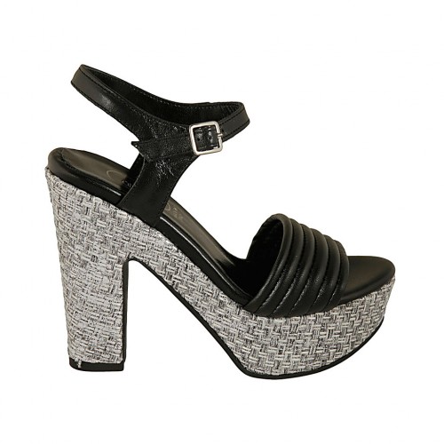 Woman's strap sandal with platform in black leather and grey fabric heel 12 - Available sizes:  43