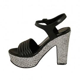 Woman's strap sandal with platform in black leather and grey fabric heel 12 - Available sizes:  43 2