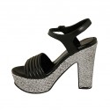 Woman's strap sandal with platform in black leather and grey fabric heel 12 - Available sizes:  43