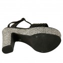 Woman's strap sandal with platform in black leather and grey fabric heel 12 - Available sizes:  43