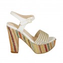 Woman's strap sandal with platform in white and laminated platinum leather and multicolored fabric heel 12 - Available sizes:  43