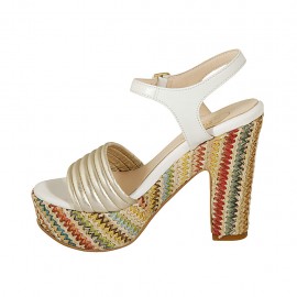 Woman's strap sandal with platform in white and laminated platinum leather and multicolored fabric heel 12 - Available sizes:  43 2