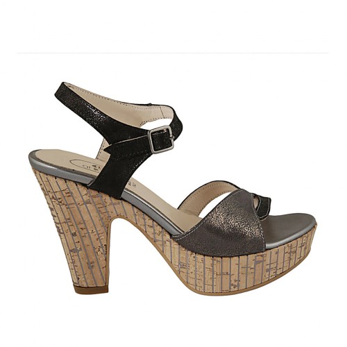 Woman's strap sandal with platform in black and grey laminated printed suede heel 10 - Available sizes:  43