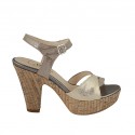 Woman's strap sandal with platform in taupe and platinum laminated printed suede heel 10 - Available sizes:  43