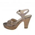 Woman's strap sandal with platform in taupe and platinum laminated printed suede heel 10 - Available sizes:  43