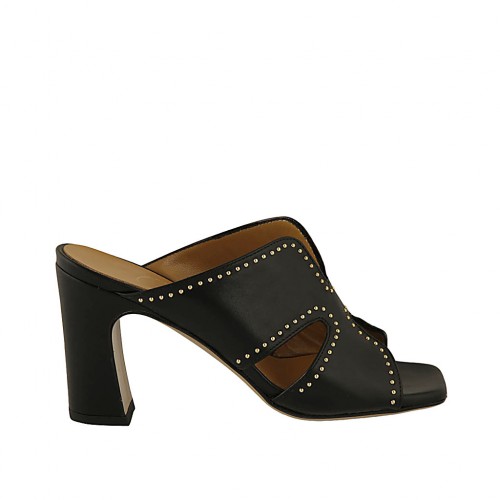 Woman's open mules with studs in black leather heel 8 - Available sizes:  32