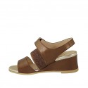 Woman's sandal with glittered elastic band and velcro strap in coppery brown laminated leather wedge heel 5 - Available sizes:  42, 43, 44