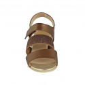 Sandale pour femmes avec elastique scintillant et fermeture velcro en cuir laminé marron cuivré talon compensé 5 - Pointures disponibles:  42