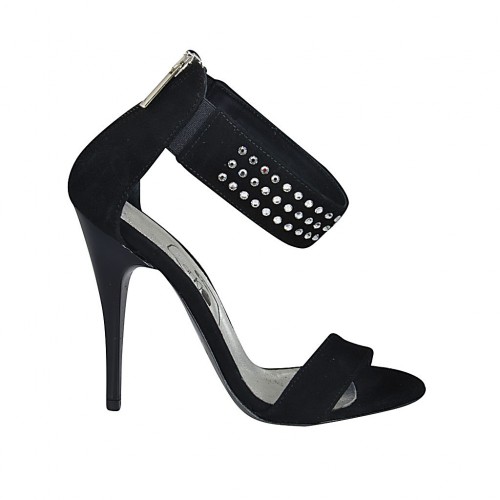 Zapato abierto con estras, elastico y cremallera en gamuza negra tacon 11 - Tallas disponibles:  34
