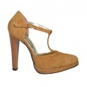 Woman's open shoe with platform and t-strap in tan-colored suede heel 11 - Available sizes:  42