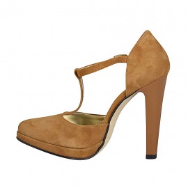 Woman's open shoe with platform and t-strap in cognac brown suede heel 11 - Available sizes:  42 2