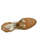 Woman's open shoe with platform and t-strap in tan-colored suede heel 11 - Available sizes:  42