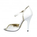 Woman's open shoe with strap and accessory in white leather and platinum laminated leather heel 11 - Available sizes:  33, 34