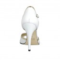 Woman's open shoe with strap and accessory in white leather and platinum laminated leather heel 11 - Available sizes:  33, 34