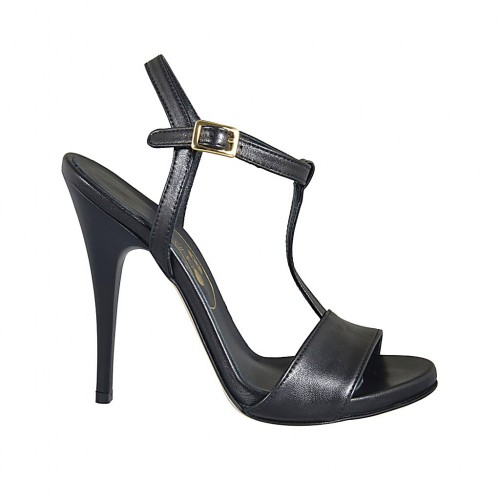 Sandale pour femmes avec plateforme et courroie en cuir noir talon 11 - Pointures disponibles:  42