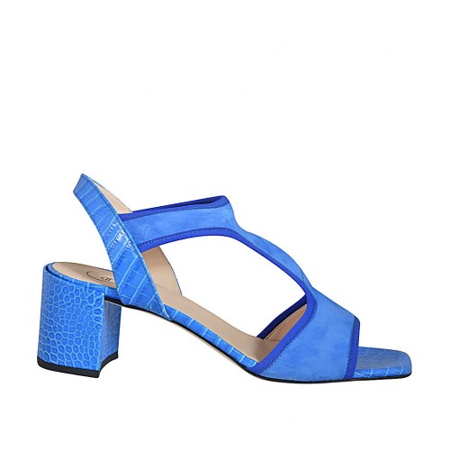 ﻿Sandalia para mujer con elastico en gamuza y piel estampada azul aciano tacon 7 - Tallas disponibles:  43, 44, 46