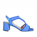 ﻿Woman's sandal with elastic band in cornflower blue suede and printed leather heel 6 - Available sizes:  32, 33, 34