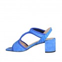 ﻿Woman's sandal with elastic band in cornflower blue suede and printed leather heel 6 - Available sizes:  32, 33, 34