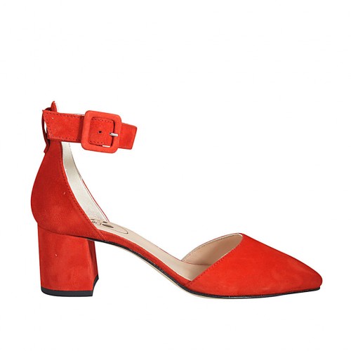 Zapato abierto a punta para mujer con cinturon en gamuza roja tacon 5 - Tallas disponibles:  43