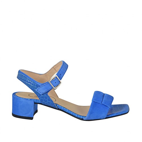 ﻿Sandalia para mujer con cinturon en gamuza y piel estampada azul aciano tacon 4 - Tallas disponibles:  44