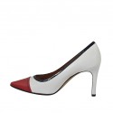 ﻿Woman's pump shoe in white leather and blue and red patent leather heel 8 - Available sizes:  32, 42