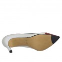 ﻿Woman's pump shoe in white leather and blue and red patent leather heel 8 - Available sizes:  32, 42