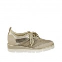 Woman's laced shoe in platinum laminated printed leather, suede and and pierced fabric wedge heel 3 - Available sizes:  42, 45