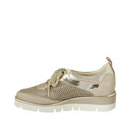 Woman's laced shoe in platinum laminated printed leather, suede and and pierced fabric wedge heel 3 - Available sizes:  45 2