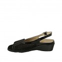 Woman's sandal with removable insole in black patent leather and pierced suede wedge heel 4 - Available sizes:  31